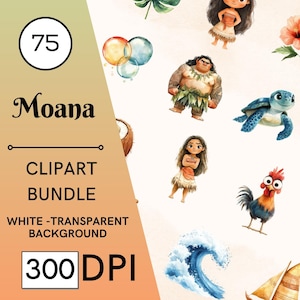 75 clipart de Moana em aquarela, princesa fofa, Moana fofa, Maui, berçário, aniversário, diário, havaiana fofa, infantil, festa de menina, uso comercial