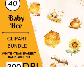 40 Baby Bee Watercolor Clipart, Honeycomb, Flowers, Beehive, Nursery Art, Commercial Use, Digital Download
