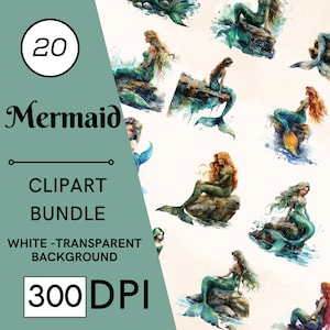 20 cliparts aquarelle sirène, sirène sur pierre, clipart aquarelle imprimable, JPG de haute qualité, téléchargement numérique, créations en papier, journal indésirable