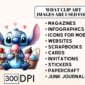 May include: A digital illustration of a blue cartoon character with ice cream. The image includes text: "WHAT CLIP ART IMAGES ARE USED FOR?" and "300 DPI". The image also shows various uses for clip art, such as magazines and websites.