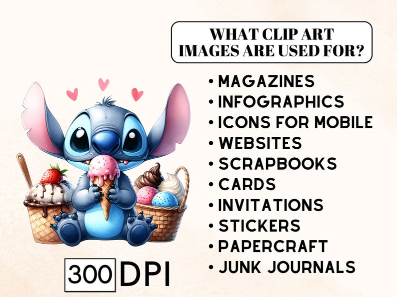 May include: A digital illustration of a blue cartoon character with ice cream. The image includes text: "WHAT CLIP ART IMAGES ARE USED FOR?" and "300 DPI". The image also shows various uses for clip art, such as magazines and websites.