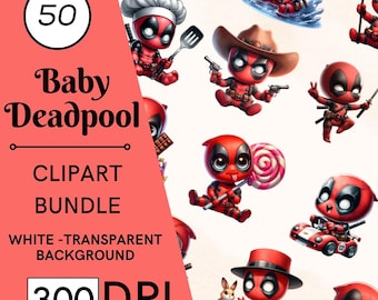 50 Baby Deadpool Watercolor Clipart Set, Nursery Art, Commercial Use, Digital Download