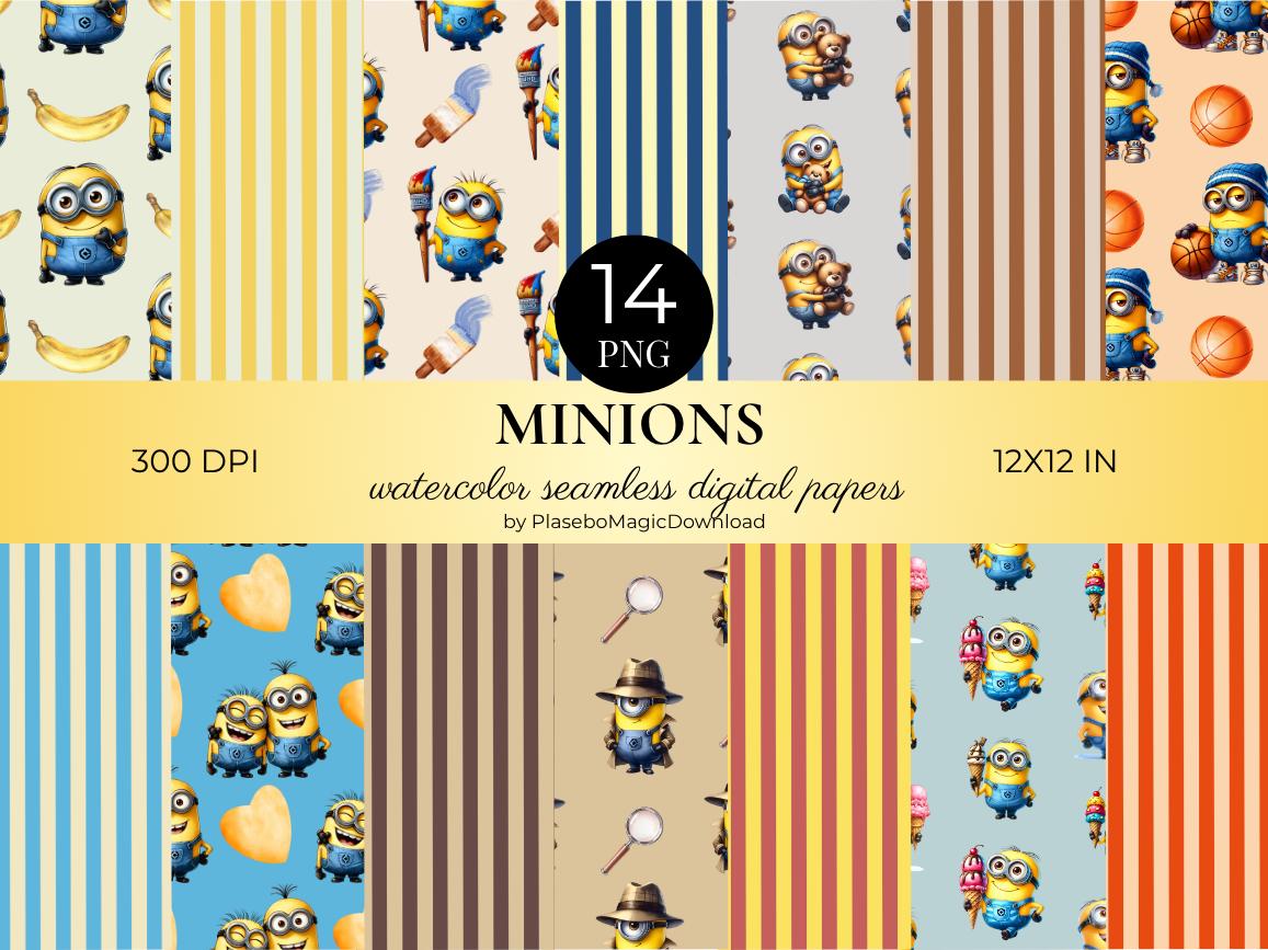 14 Watercolor Minions Seamless Patterns, Cartoon, Fantasy Digital Paper, Digital Download