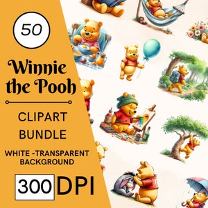 Ensemble de 50 cliparts Winnie aquarelle - 300 DPI, haute résolution, fond transparent, téléchargement numérique, parfait pour les cadeaux de bricolage et les travaux manuels