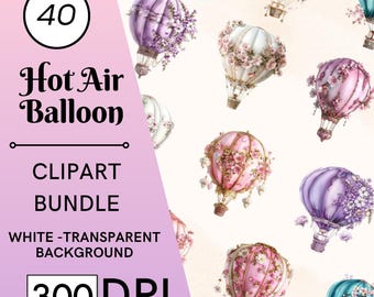 40 imágenes prediseñadas de globos aerostáticos en acuarela, decoración infantil en rosa rubor (descarga digital)