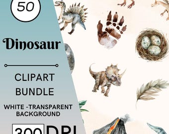 50 Watercolor Dinosaur Clipart Bundle, Dino Party Decor, Commercial Use, Digital Download
