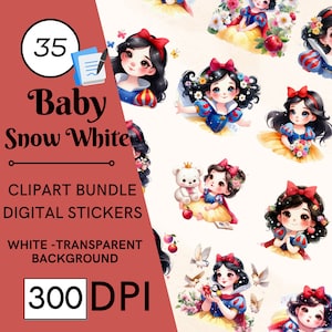 35 Baby Snow White Clipart Pack, PNG Clipart Full Commercial Use Instant Download, Bambini Fantasy Fairytale Red Apple Princess Clipart