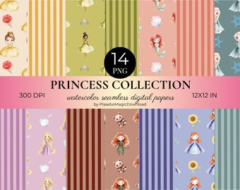 14 Watercolor Princess Seamless Patterns, Fantasy Digital Paper, Fairytale, Digital Download