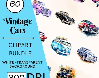 60 clipart di auto d'epoca ad acquerello, decorazioni per la cameretta, auto retrò, uso commerciale, download digitale