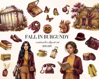 90  Cozy Burgundy Fall Watercolor Clipart, Autumn Fashion Girl PNG, Burgundy, Digital Download