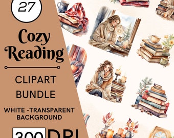 Może przedstawiać: Zestaw 27 akwarelowych ilustracji przedstawiających przytulne sceny czytania. Ilustracje zawierają stosy książek, świece, kubki i osoby czytające w przytulnych miejscach. Ilustracje idealnie nadają się do tworzenia cyfrowych planerów, scrapbookingu lub innych projektów kreatywnych.