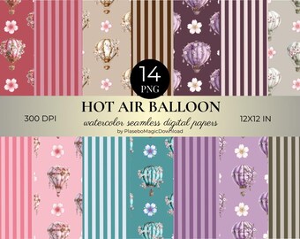 14 Watercolor Hot Air Ballon Seamless Patterns, Digital Paper, 300 DPI