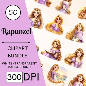 50 Rapunzel Watercolor Clipart Set, Princess Party DIY Designs, Nursery, Commercial Use, Digital Download