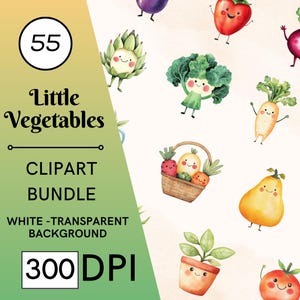 55 Aquarell wenig Gemüse Clipart Set, PNG - Digital Download - entzückende Kawaii Gemüse Illustrationen für Kinder