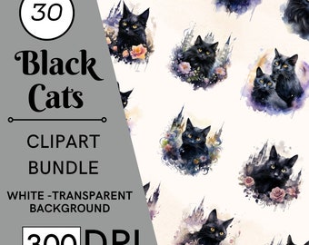 30 Watercolor Black Cat Clipart, Fantasy PNG Images, JPG, Commercial Use, Digital Download