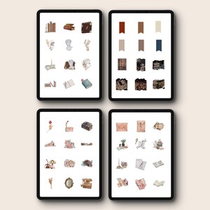 May include: Four digital screens displaying a collection of digital stickers featuring illustrations of books, flowers, envelopes, and other vintage-inspired designs. The stickers are in various colors, including brown, beige, red, and blue.