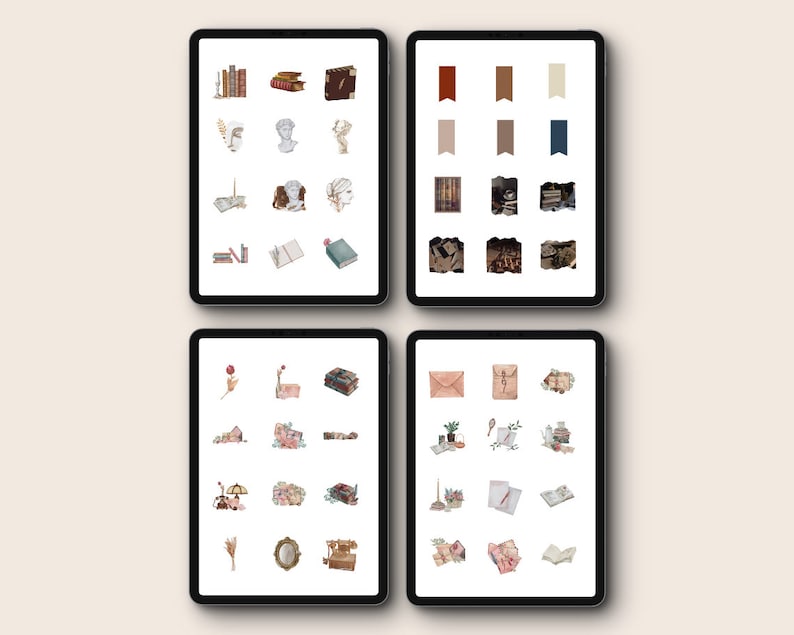 May include: Four digital screens displaying a collection of digital stickers featuring illustrations of books, flowers, envelopes, and other vintage-inspired designs. The stickers are in various colors, including brown, beige, red, and blue.