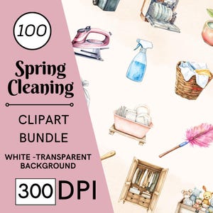 100 Spring Cleaning Watercolor Clipart, Household Chores, Nursery Art, Commercial Use, Digital Download