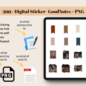 May include: A digital illustration of a tablet screen displaying a set of 300+ digital stickers for GoodNotes. The stickers are in a variety of colors and designs, including brown, beige, and blue. The stickers are organized into rows and columns on the screen. The text "300+ Digital Sticker- GoodNotes + PNG" is displayed at the top of the image.