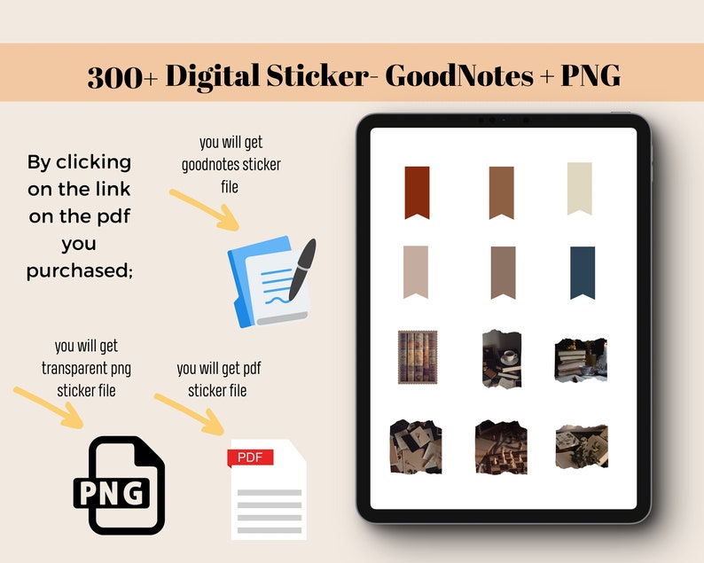 May include: A digital illustration of a tablet screen displaying a set of 300+ digital stickers for GoodNotes. The stickers are in a variety of colors and designs, including brown, beige, and blue. The stickers are organized into rows and columns on the screen. The text "300+ Digital Sticker- GoodNotes + PNG" is displayed at the top of the image.