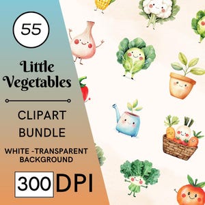 55 Aquarell wenig Gemüse Clipart Set, PNG - Digital Download - entzückende Kawaii Gemüse Illustrationen für Kinder