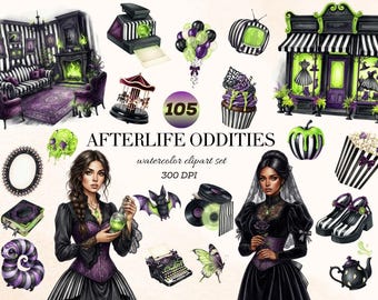 Pode incluir: Um conjunto de cliparts em aquarela digital intitulado AFTERLIFE ODDITIES 105, apresentando ilustrações com temática gótica, incluindo uma sala, câmara, balões, televisão, montra, queque, caveira, espelho, livro, morcego, discos de vinil, máquina de escrever, borboleta, bule, sapatos e duas figuras.