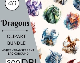 40 Dragones de Acuarela (Arte Fantástico, PNG, JPG, Uso Comercial, Descarga Digital)