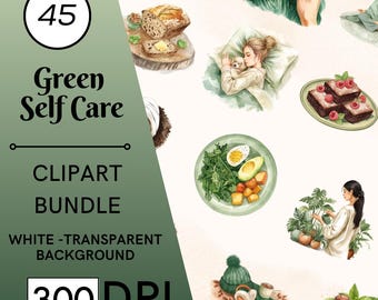 45 Green Cozy Self Care Clipart PNG, Skincare Stickers, Pajama girl, Relaxation, Commercial use