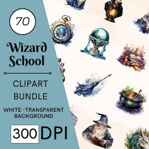75 Watercolor Wizard School Clipart Bundle, Magic, Potions, Wands, PNG, Commercial Use