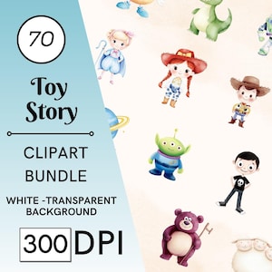 70 clipart fofos de Toy Story, aquarela de Toy Story, Woody, Buzz Lightyear, Lotso, Jessie, Bo Peep, The Aliens, clipart de berçário de homenzinhos verdes