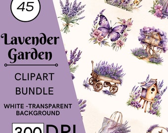 45 Watercolor Lavender Garden Clipart, Provence Floral PNG Bundle, JPG, Commercial Use, Digital Download