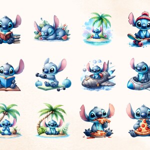 May include: A series of watercolour illustrations showcasing the Disney character Stitch. The images depict Stitch in various scenarios, such as reading, sleeping, skateboarding, and eating pizza. The illustrations have a soft, colourful aesthetic.