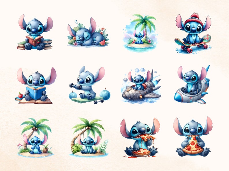 May include: A series of watercolour illustrations showcasing the Disney character Stitch. The images depict Stitch in various scenarios, such as reading, sleeping, skateboarding, and eating pizza. The illustrations have a soft, colourful aesthetic.