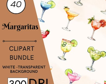 40 Margaritas Watercolor Clipart, Cocktail PNG Set, Commercial Use, Digital Download