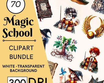 70 Magic School Watercolor Clipart Set, DIY Wizard Graphics, Nursery, Commercial Use, Digital Download