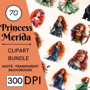 70 prinses Merida dappere clipart, PNG, volledig commercieel gebruik, aquarel Fantasy Fairytale clipart, met Instant Download, kroon, prinses