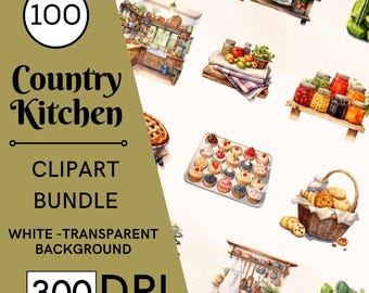 100 Watercolor Country Kitchen Clipart, Rustic Cottage Cooking, Commercial Use, Digital Download