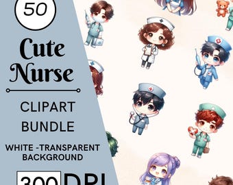 Conjunto de imágenes prediseñadas de acuarela de enfermeras: 50 gráficos PNG para uso comercial