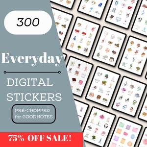 Könnte beinhalten: 300 vorgefertigte digitale Sticker für Goodnotes. Die Sticker sind in Kategorien auf weißem Hintergrund mit schwarzen Rändern geordnet. Zu den Kategorien gehören: Essen, Getränke, Bürobedarf, Zuhause und mehr.