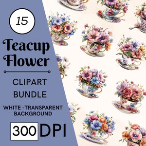 15 bundle di clipart di mazzi di fiori da tazzina, JPG di alta qualità, artigianato, creazione di biglietti, clip art, artigianato di carta digitale, scrapbooking