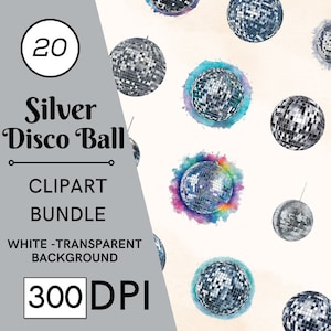 20 Silver Watercolor Disco Ball Clipart, Transparent PNG, Commercial Use, Digital Download