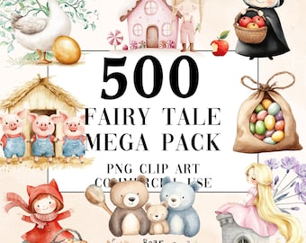 500 Watercolor Fairy Tale Clipart, Classic Stories Mega Bundle , Commercial Use, Digital Download