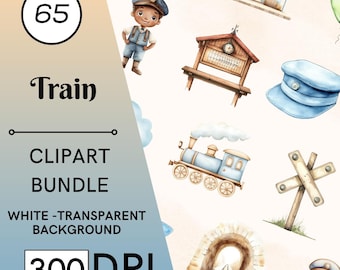 Set de 65 imágenes prediseñadas de trenes en acuarela, arte infantil, decoración infantil, uso comercial, descarga instantánea
