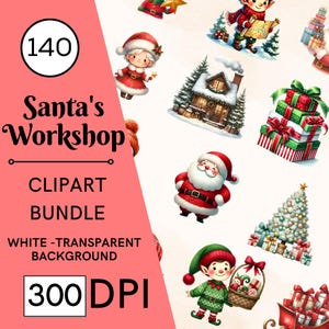 140 Oficina do Papai Noel, PNG Clipart de aquarela, Papai Noel, Sra. Noel, Elfos de Natal, Animais Mais, Fundos de inverno correspondentes, Uso comercial
