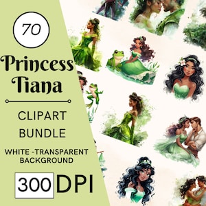 70 prinses Tiana-clipart, fantasieprinses png, aquarel Fantasy Fairytale-clipart, zwarte prinses, met Instant Download commercieel gebruik