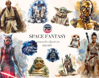 70 Space Fantasy Watercolor Clipart, Galaxy Characters PNG, Sci-Fi Graphics, Commercial Use, Digital Download