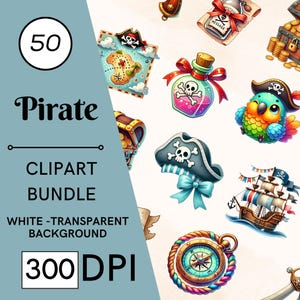 50 imágenes prediseñadas de piratas, conjunto de imágenes prediseñadas: 300 DPI, alta resolución, fondo transparente, descarga digital, perfecto para regalos y manualidades de bricolaje