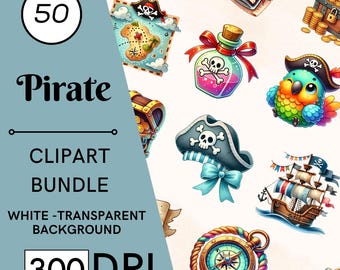 50 Pirate Watercolor Clipart Set, DIY Pirate Party Decor, Nursery, Commercial Use, Digital Download
