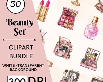30 Watercolor Makeup Clipart, Fashion Glam Cosmetics Graphics, Commercial Use, Digital Download