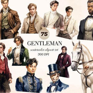 May include: Watercolor clipart set featuring 75 illustrations of gentlemen in various outfits, including coats, vests, and suits. The images showcase a vintage aesthetic with horses and text that reads "GENTLEMAN watercolor clipart set 300 DPI."